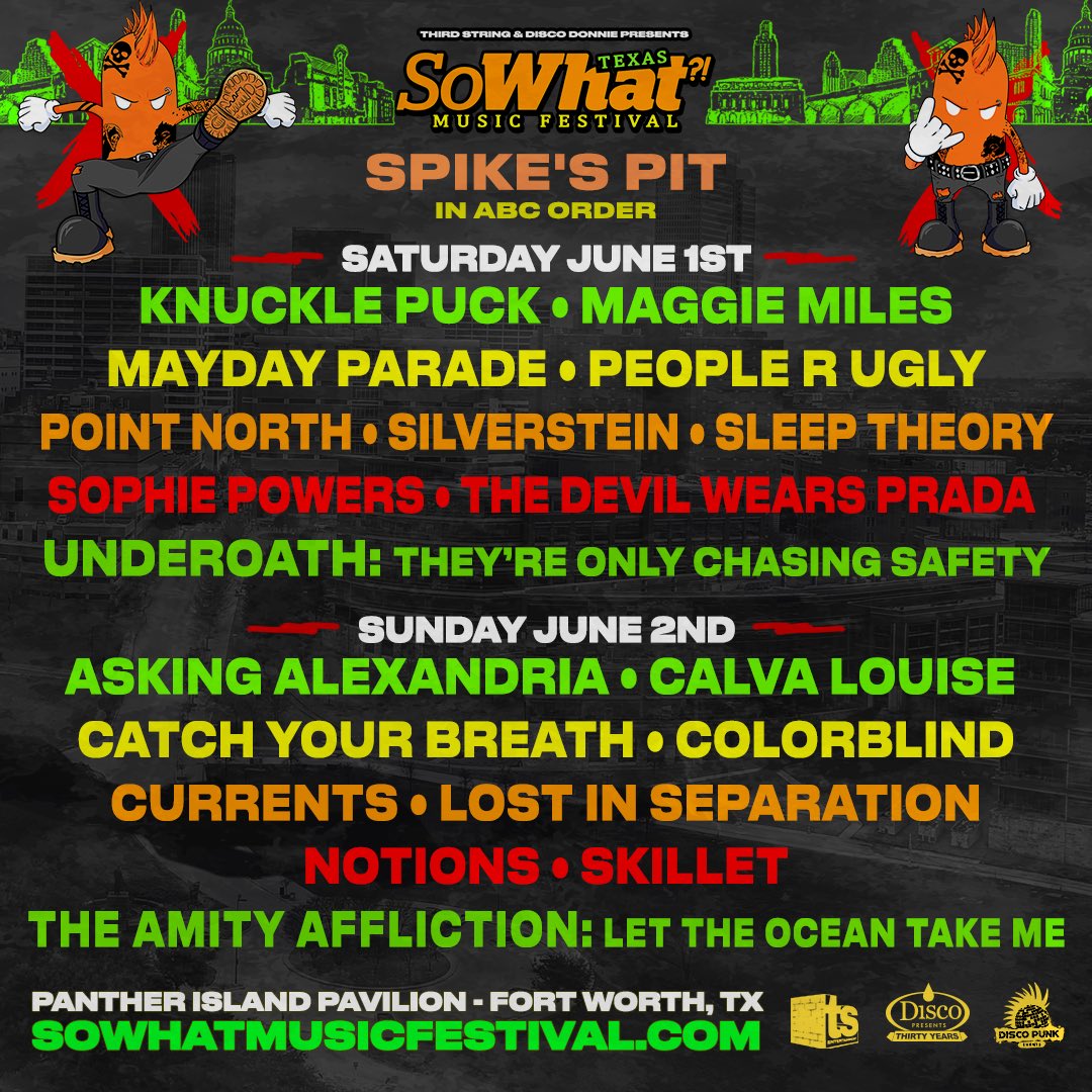 😤 WHO’S READY TO OPEN UP THIS (Spike’s) PIT 😤 Main stage lineup is here featuring @UnderoathBand @skilletmusic @AAofficial @TDWPband and more! Get your tickets before prices go 🆙🆙🆙 sowhatmusicfestival.com