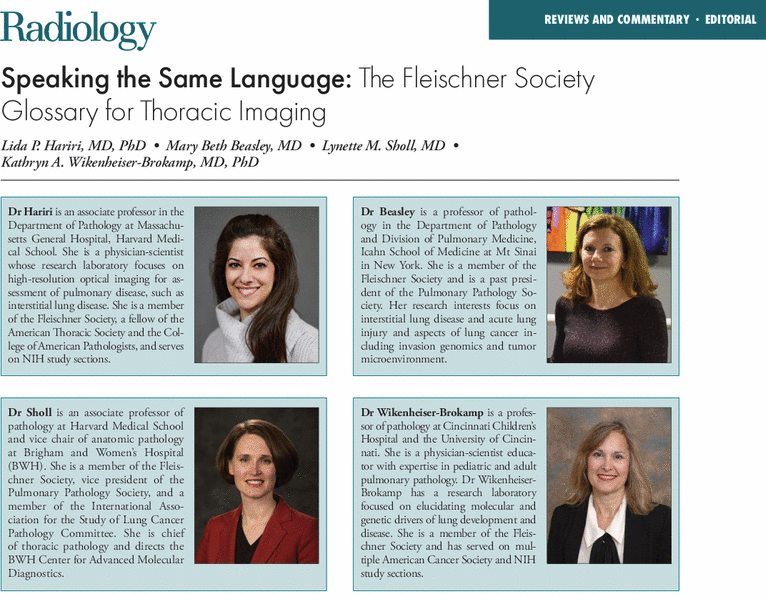 Congratulations to @LidaHariri and colleagues for their latest editorial in @radiology_rsna , 'Speaking the Same Language: The Fleischner Society Glossary for Thoracic Imaging' Read more here: pubs.rsna.org/doi/10.1148/ra…