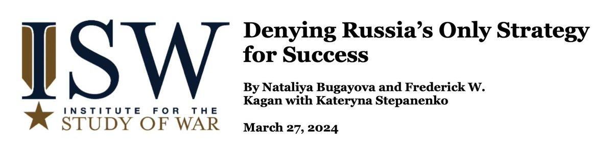 "Denying Russia’s Only Strategy for Success" by <a href="/TheStudyofWar/">Institute for the Study of War</a> 

An absolute must-read and one of the most precise and definitive essays on the Russian war on Ukraine -- and why Russia is in a critical need of making the West abandon Ukraine.

It's literally the ultimate