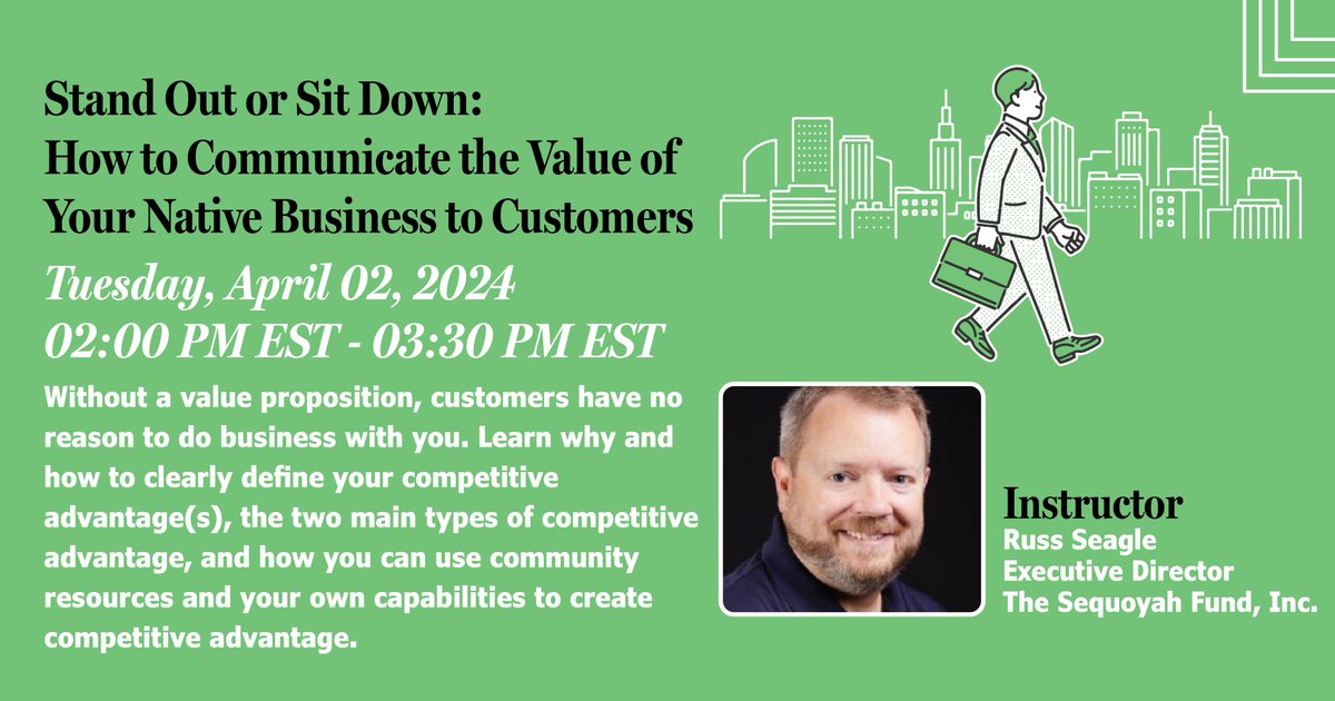nativelearningc's tweet image. Webinar: Stand Out or Sit Down: How to Communicate the Value of Your Native Business to Customers
Date: April 2nd, 2024 
Time: 2:00 PM - 3:30 PM EST 

Register Now: events-na8.adobeconnect.com/content/connec…

#nativebusiness #webinar #communication #NLC #nativelearningcenter #TribesHelpingTribes