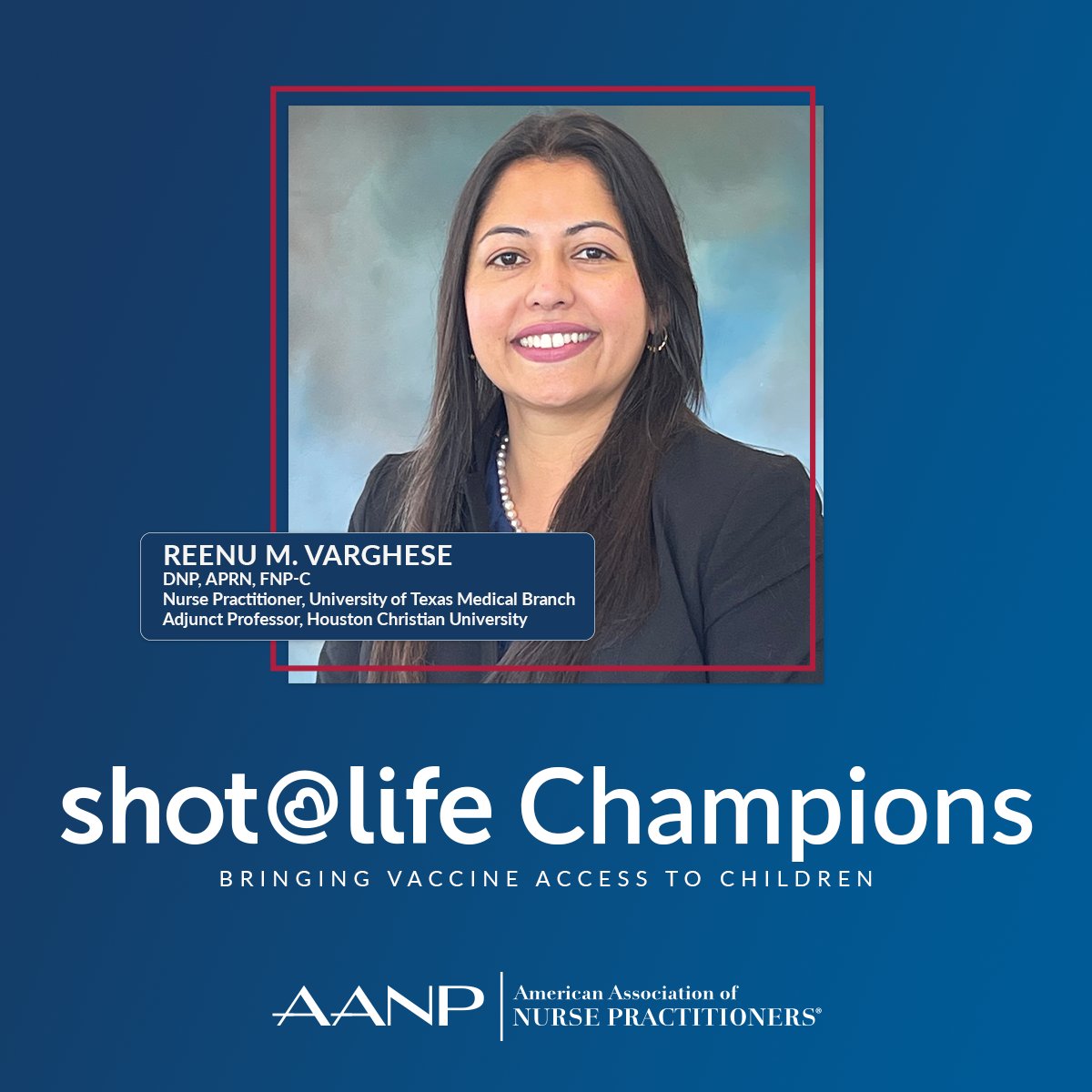Shot@Life is a campaign created to promote vaccine access to all children. Learn about the experience of being a @shotatlife champion from NP Reenu M. Varghese, and find out how her family history led her to become passionate about childhood vaccination. bit.ly/aanp-shot-life
