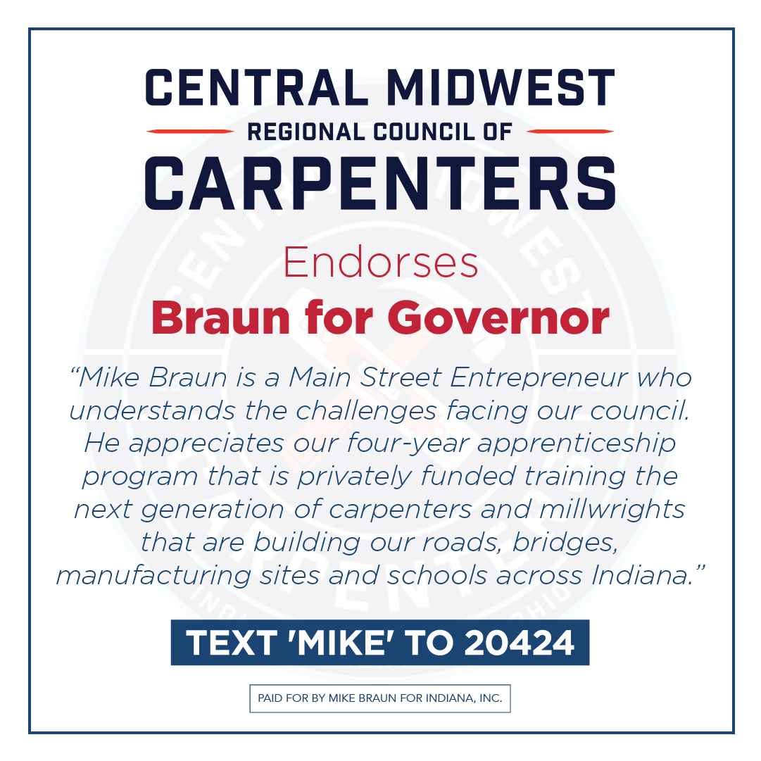 I am honored to receive the endorsement of @cmwcarpenters! As a businessman and Main Street entrepreneur, I know that our state's workforce depends on access to job training and high-paying careers. The Carpenters are building America, and I appreciate their support!