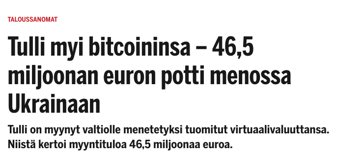 Muistatteko tämän? Valtio konfiskoi Suomen kansalaisilta bitcoineja, myi ne, ja lähetti eurot Ukrainaan (heinäkuu, 2022). Puuhanaisena Anni Kasaarikko.