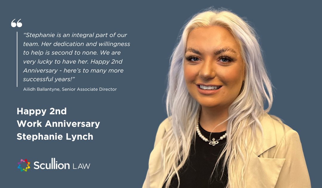 Congratulations to Stephanie Lynch, Legal Secretary in our Wills, Powers of Attorney, & Bereavement Team, on her 2nd work anniversary with us! Here's to many more milestones and memories 🥂⭐ #ScullionLAW #WorkAnniversary #BereavementSpecialists