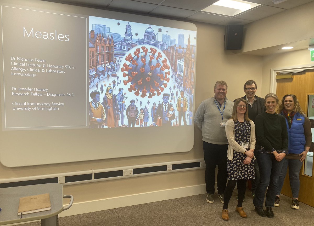 Team presenting at institute meeting 👇Nick Peters: significant nos of healthcare workers & immunodeficiency patients have no measles antibodies. Jen Heaney: our diagnostic development world aimed at facilitating vaccine uptake in LMICs @ImmunologyUoB @immunologydoc @sfaustini