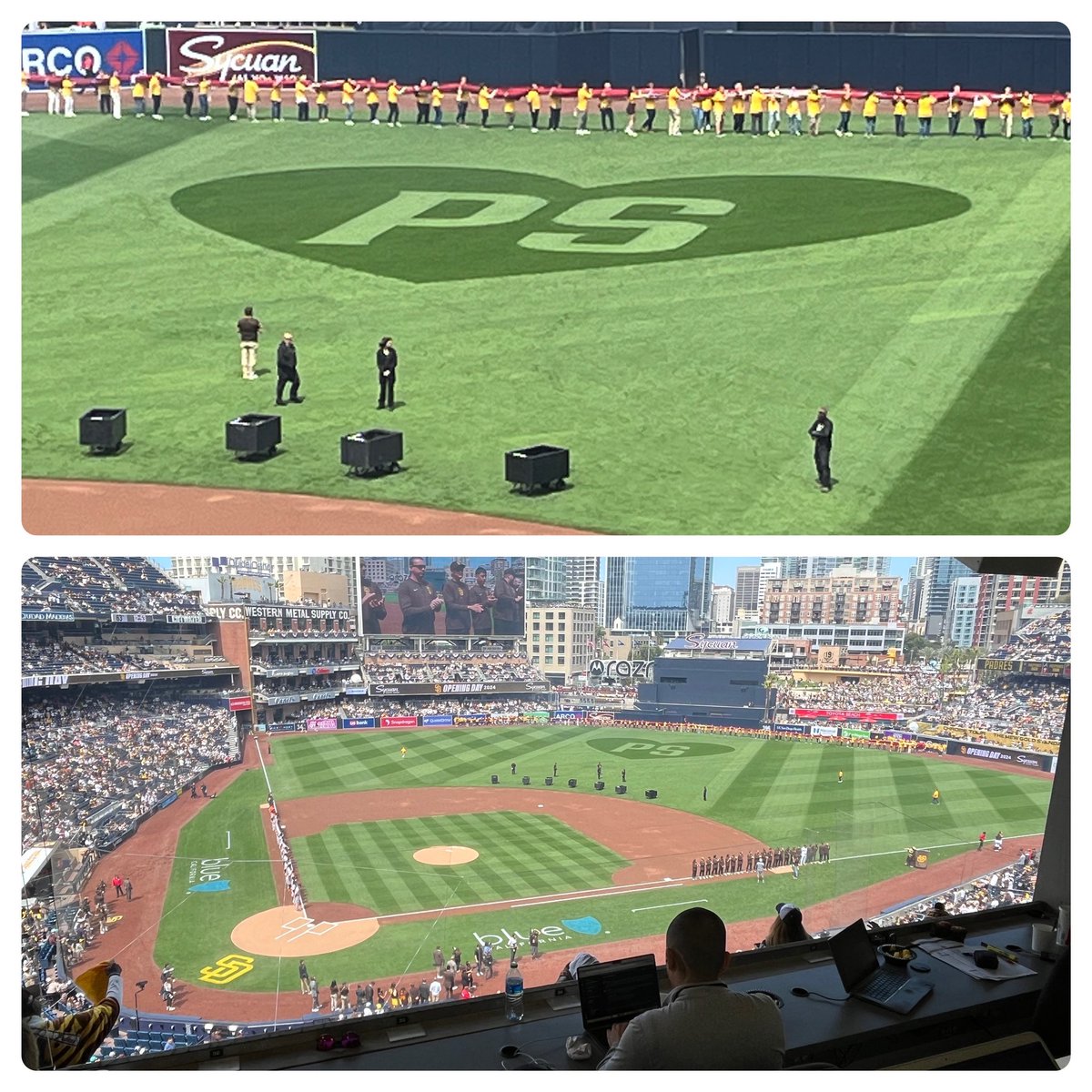 Opening Day for @Padres Peter Seidler honored with heart “PS” in CF.