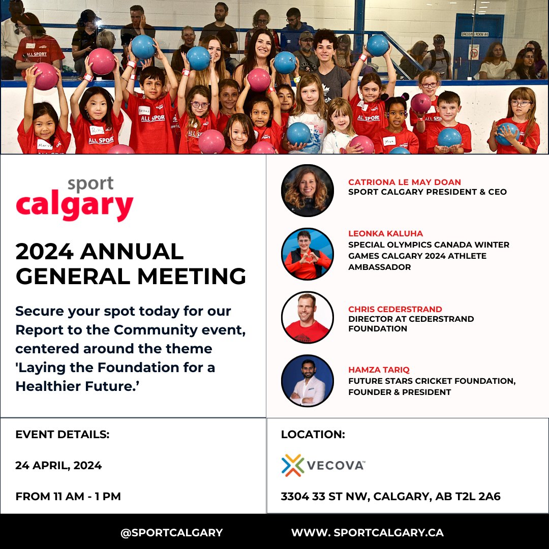 🌟 Join us, April 24th, 2024, as we pave the way to a healthier tomorrow at our 2024 AGM! 🏋️‍♂️ 🏀 Embrace the theme 'Laying the Foundation for a Healthier Future' with us! 🌱 RSVP now at sportcalgary.ca and be a part of the movement! 💪 #SCAGM2024