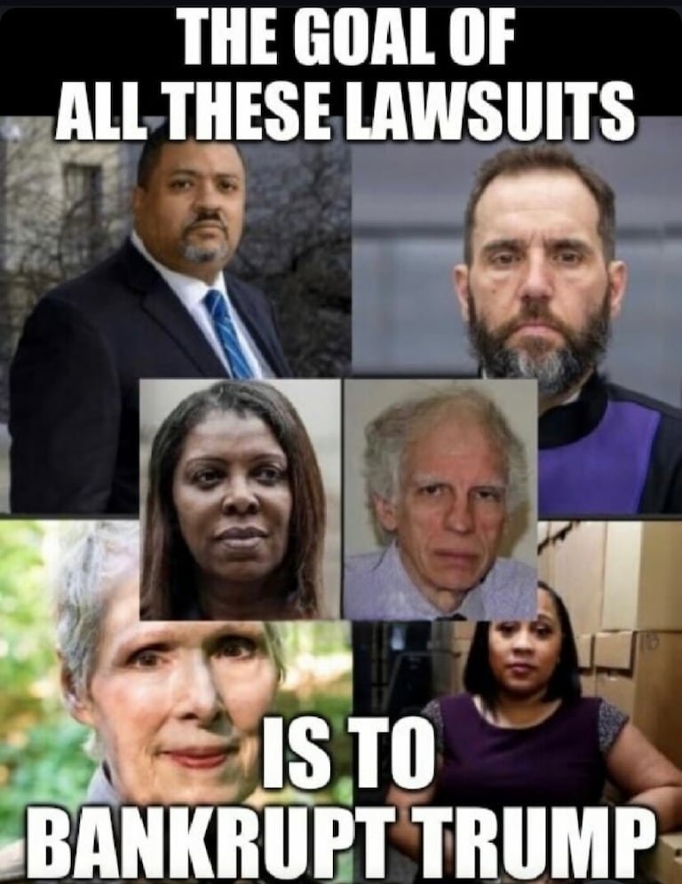 The goal of all these indictments and lawsuits is to bankrupt President Trump before the election. The left thinks this will prevent him from running and winning. They could not be more wrong.