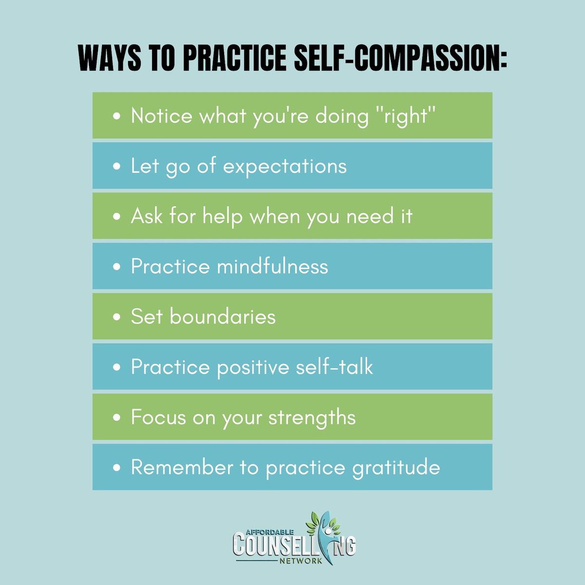During busy times, we often forget to be kind to ourselves. But remember, practising self-compassion is vital for our happiness. Here are some easy ways to build a caring connection with yourself.

affordablecounsellingnetwork.co.uk
.
#mentalhealthmatters #selfcare #counseling
