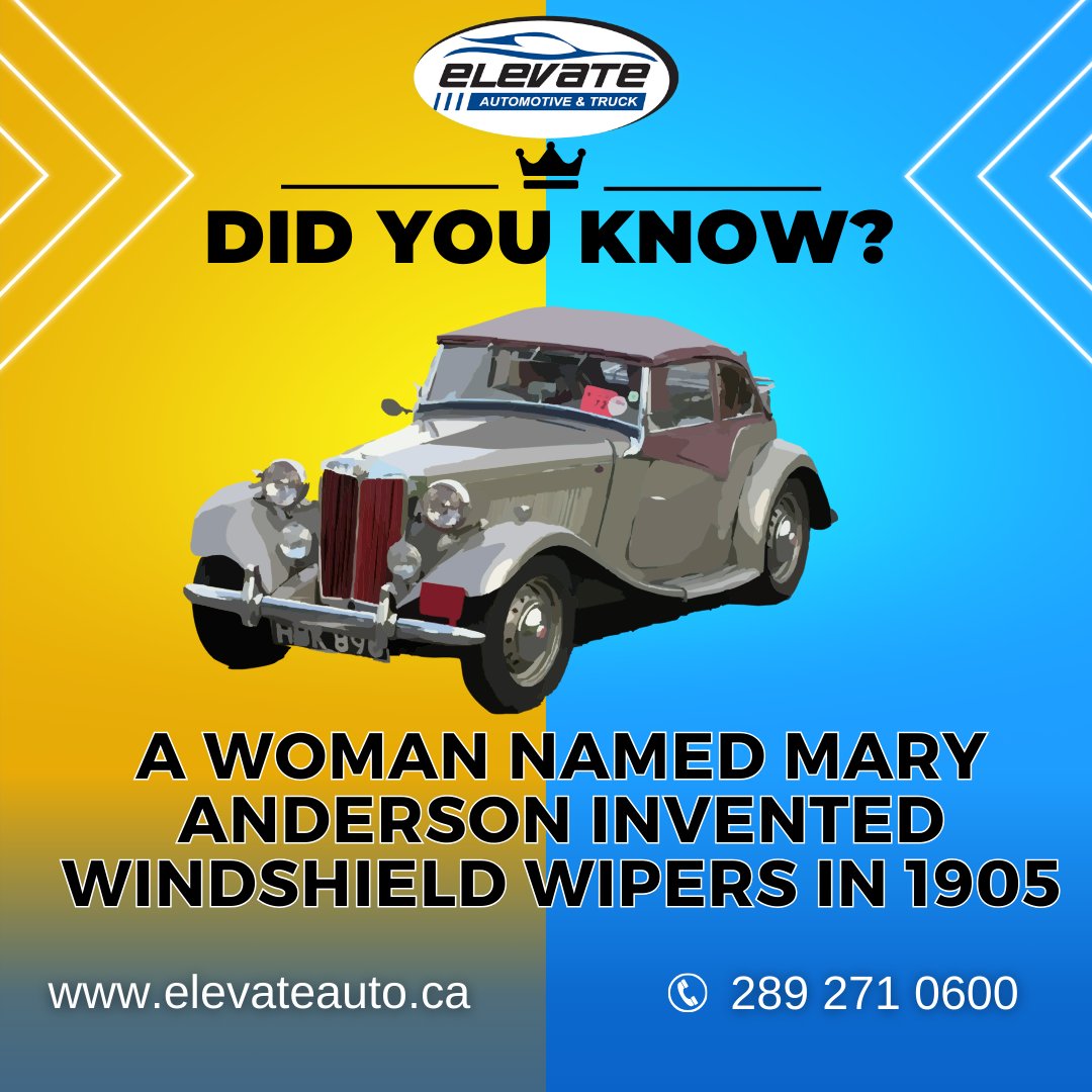 Elevate Your Driving Experience, Just Like Mary Anderson's Invention! 💡🚗 Did you know that windshield wipers were invented by Mary Anderson in 1905? At Elevate Auto & Truck, we're proud to honor the legacy of automotive innovations.