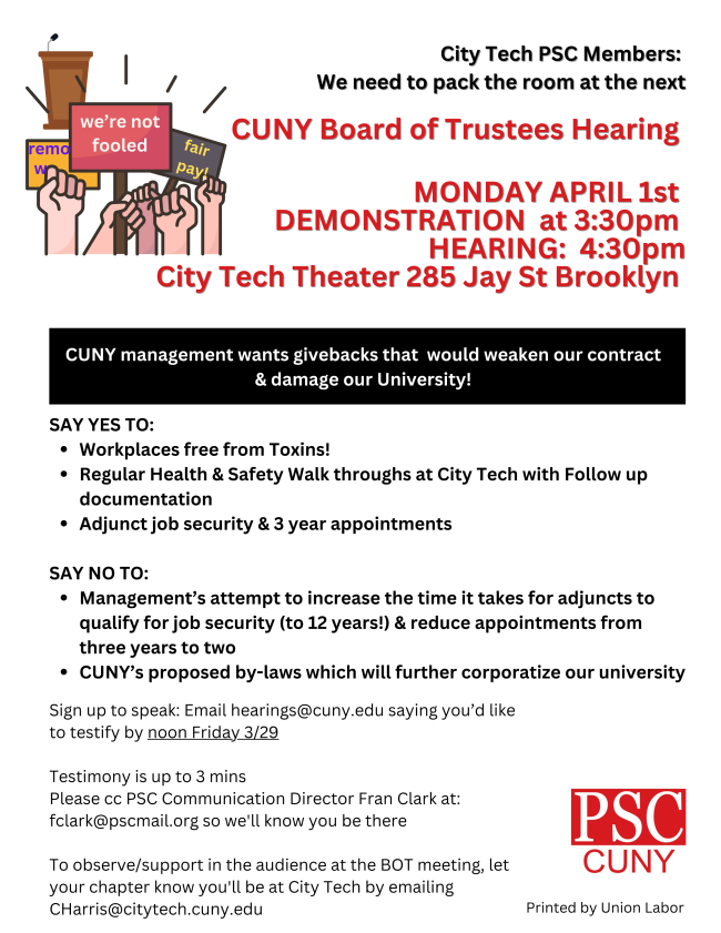 CityTechPSC's tweet photo. This is NO JOKE! CUNY’s Board of Trustees will hold their #Brooklyn #Hearing at #CityTech on April Fool’s Day. Hearing begins at 4:30 pm in the Academic Complex Theater. Join the #Rally before hand at 3:30 pm and Demand a #Contract! #PSC #CUNY #BOT #union #rally #action https://t.co/lVN3UHSCvD