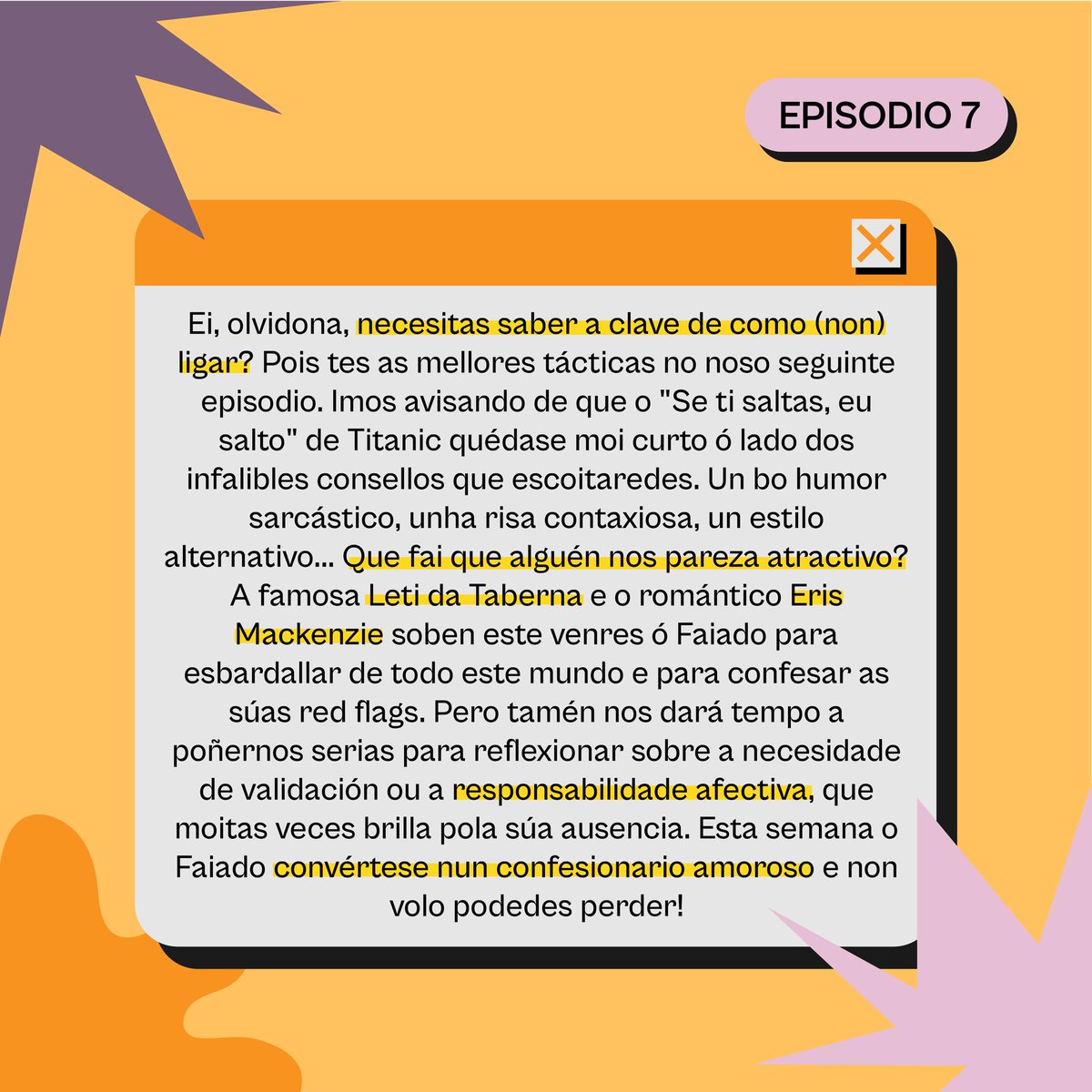 faiadopodcast's tweet photo. Collede papel e lapis, que mañá poderedes escoitar o episodio definitivo para deixar de queixarse e aprender a ligar ✍🏻❤️‍🔥 https://t.co/477Cww0bth