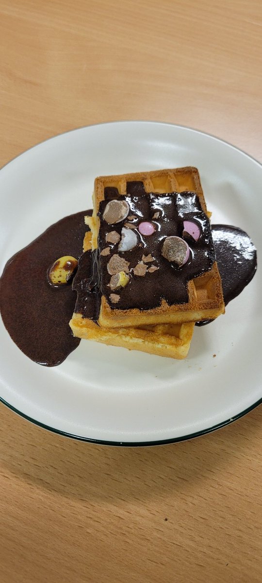 BCSchool1's tweet image. We had an eggcellent BCS Breakfast today! Students and staff enjoyed waffles with a molten chocolate and crushed mini-egg topping to start the day. #lovelearninglovelife #Easter