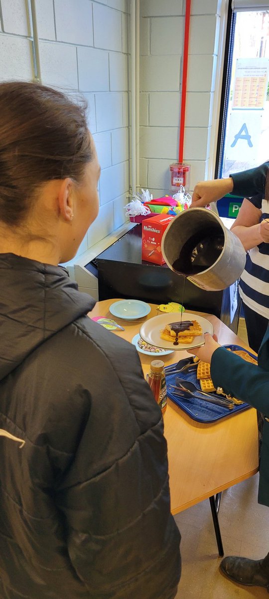 BCSchool1's tweet image. We had an eggcellent BCS Breakfast today! Students and staff enjoyed waffles with a molten chocolate and crushed mini-egg topping to start the day. #lovelearninglovelife #Easter