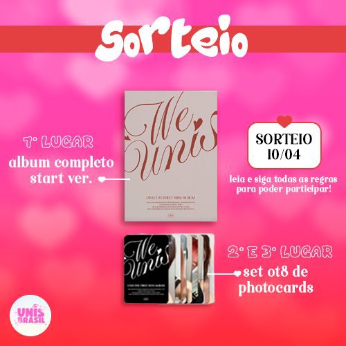 🎀 SORTEIO 🎀

A UNIS Union BR vai sortear 'WE UNIS' completo e DOIS SETS DE PCS OFICIAIS! Para participar do sorteio, basta seguir os passos a baixo:

- Dar fav e rt nesse post!
- Postar print comprovando o stream no MV de SUPERWOMAN.
- Marque um amigo.
- Seguir a UNIS UNION BR.