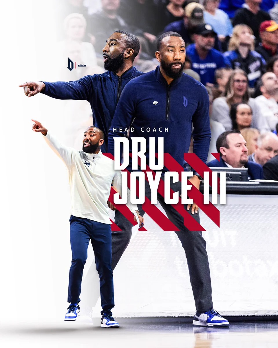Cutouts of Dru Joyce with text that reads Head Coach. Dru Joyce III