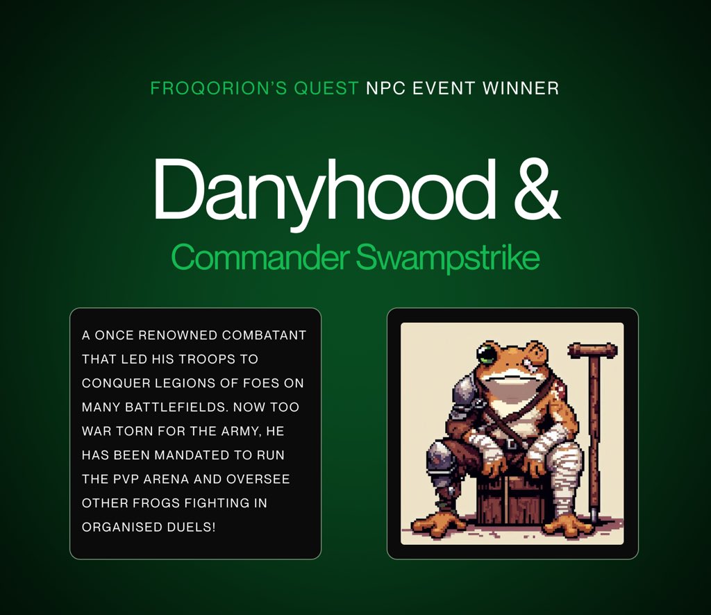 Holy frog, look out for this guy! 

<a href="/DaOnlyGitt/">Danyhood</a> with Commander Swampstrike is the winner of the create a NPC event!

Do not worry if you have not won, there will be more in the future! 

Congratulations, we will work out Commander Swampstrike in our own