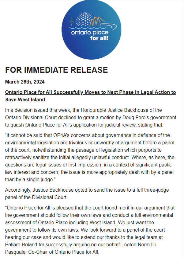PRESS RELEASE: Ontario Place for All Successfully Moves to Next Phase in Legal Action to Save West Island: 🎉mailchi.mp/da94e5e771c2/w… #topoli #onpoli #SaveOntarioPlace