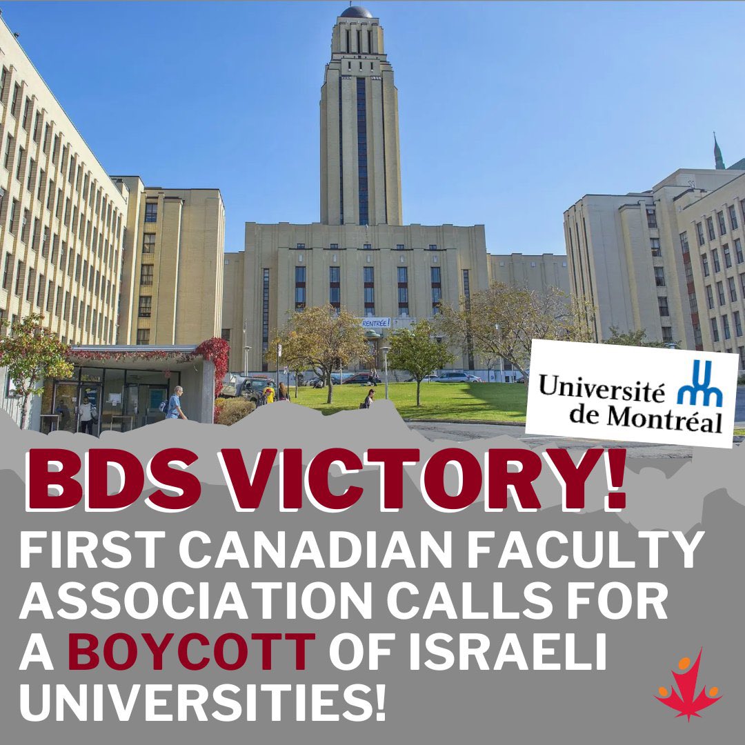 BDS WIN! Univ. of Montreal Faculty Assoc. voted to boycott Israeli unis, a first in Québec/Canada! We demand boycott of all Israeli unis complicit in war crimes. Major step forward! Expecting other Canadian unis to follow!