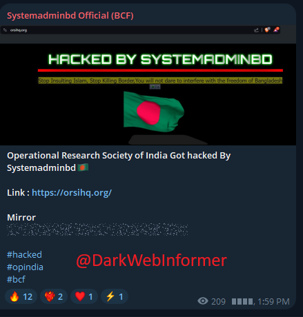 DarkWebInformer's tweet photo. Systemadminbd Official (BCF) claims to have defaced the website of Operational Research Society of India. #Clearnet #DarkWebInformer #DarkWeb #Hack #Cyberattack #Cybercrime #Infosec #CTI #Systemadminbd https://t.co/eRypcCgvpr