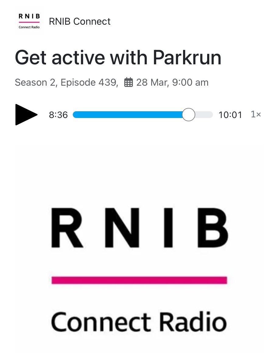 Lovely to spend time chatting with @AmeliaHilton6 on @RNIBRadio today about how @parkrunUK delivers wonderful opportunities for people with visual impairments whether walking, jogging, running or volunteering #VI Why not give it a go? Interview here 👇🏼 audioboom.com/posts/8479526-…