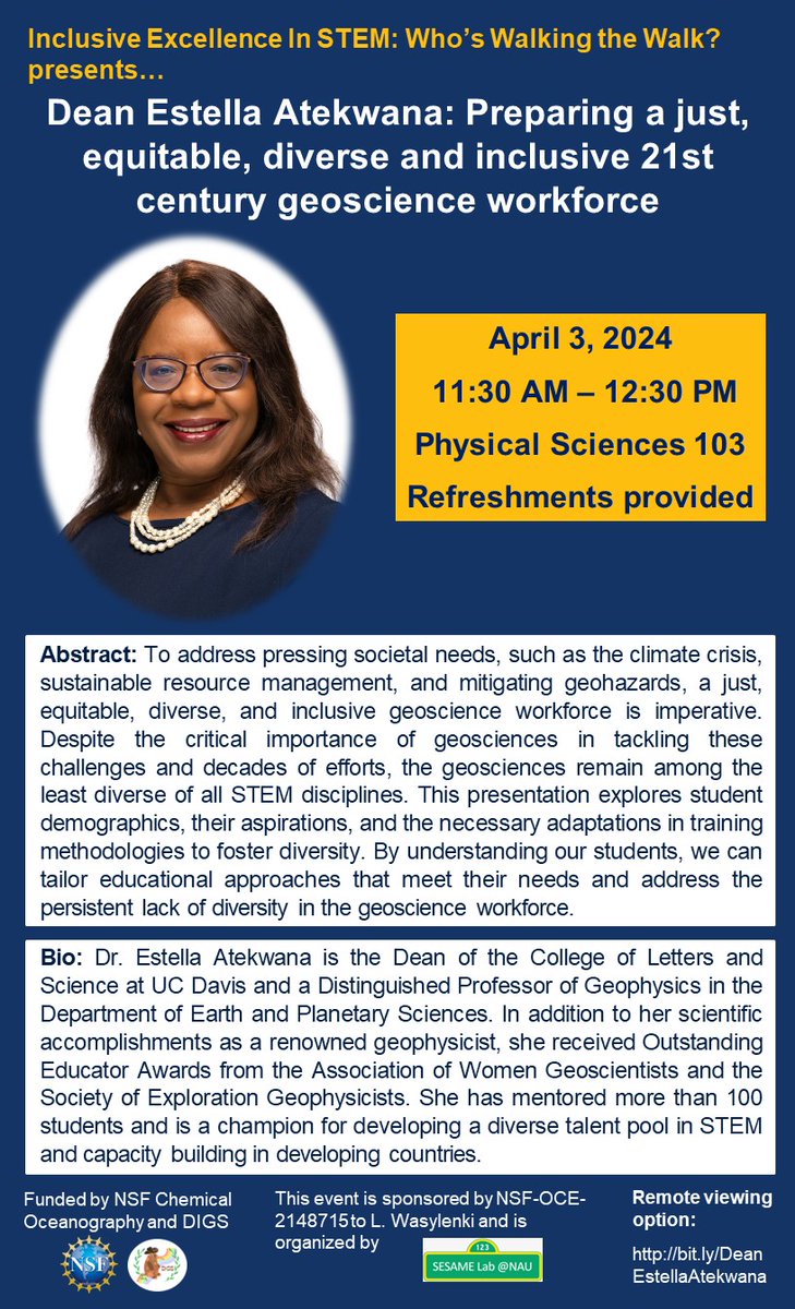 Dean Estella Atekwana @atekwanae will be the next visitor in our speaker series "Inclusive Excellence in STEM: Who's Walking the Walk?" We're so excited to welcome her to campus on April 2 and 3 - don't miss her visit!