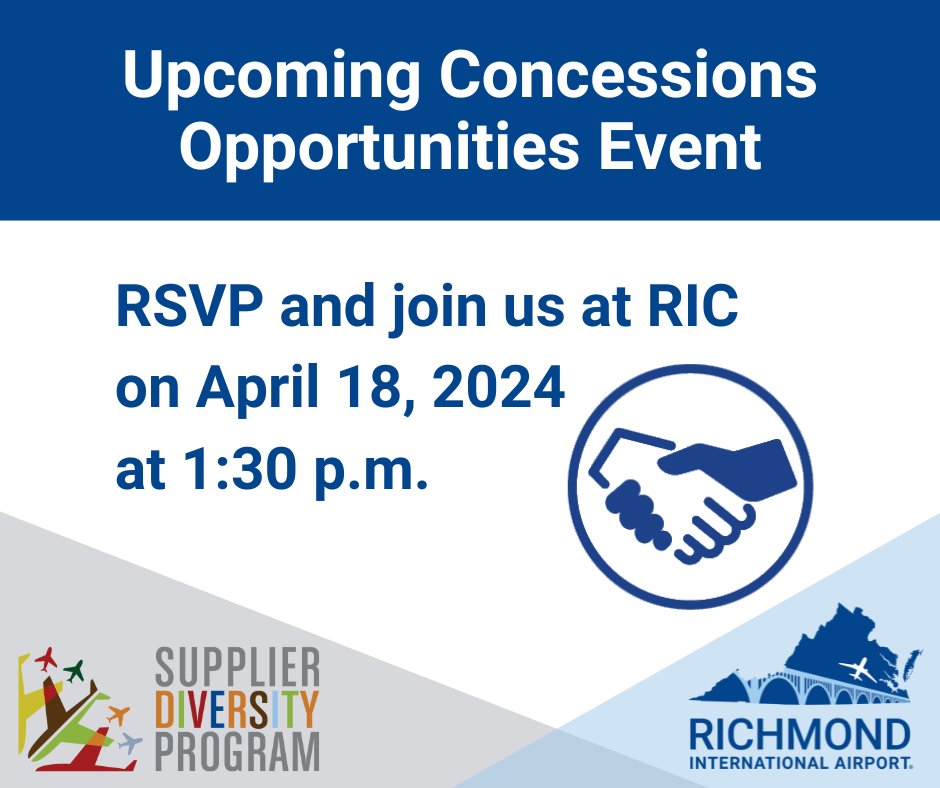 Want to learn about upcoming concessions opportunities at RIC? Plan to attend this special event on April 18th designed to empower small, women-owned, and minority-owned businesses. To register, please visit flyrichmond.diversitycompliance.com #SupplierDiversity