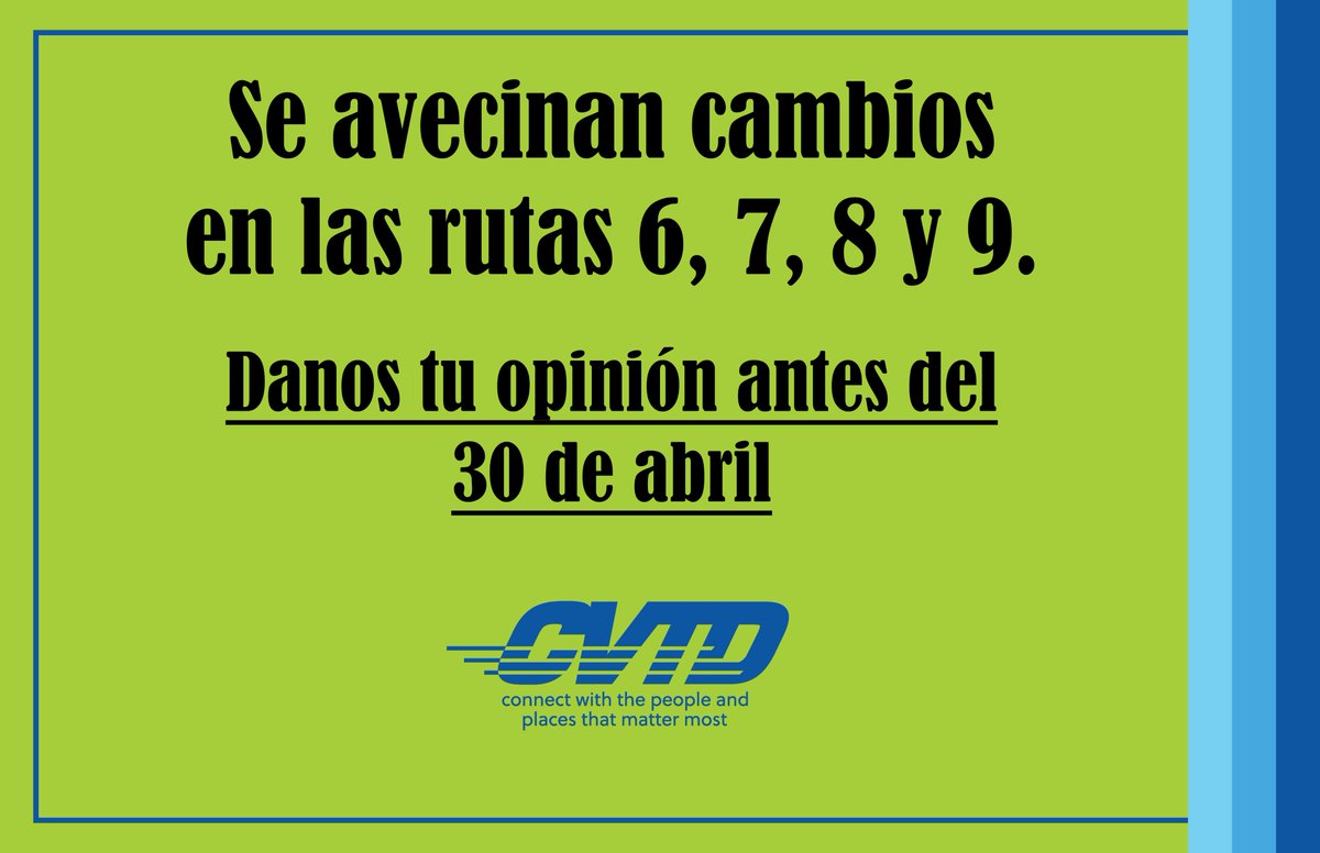 CVTDbus's tweet photo. Se avecinan cambios en las rutas 6, 7, 8 y 9. Para obtener más información sobre los cambios y realizar la encuesta, visite https://t.co/2vIWfdvcLT. Hay un enlace para realizar la encuesta en inglés o español.

Responda a la encuesta antes del 30 de abril. https://t.co/aDAvk6yDQS