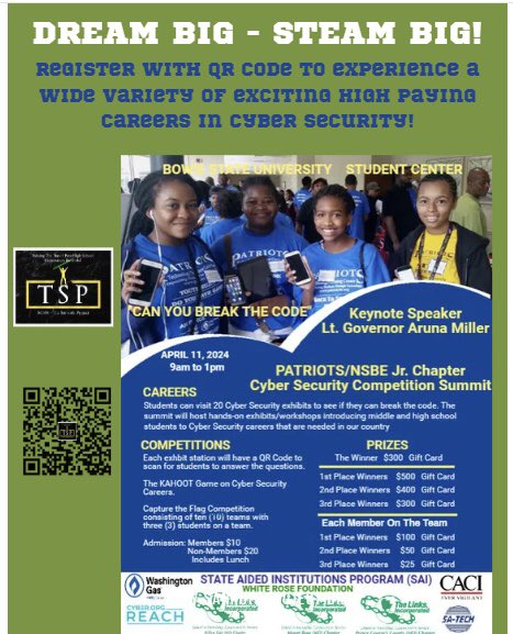 The Patriots Technology Training Center has us moving Full STEAM Ahead at the @BowieState’s Student Center — use the QR Code to learn more about them and fun, high paying, high tech careers in STEAM!