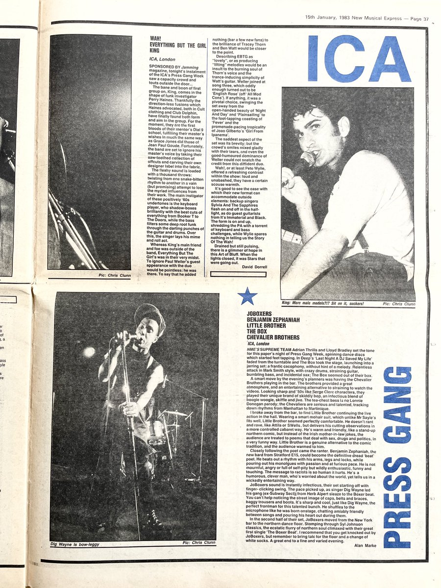 Everything But The Girl, Wah!, ABC, Pogue Mahone, Benjamin Zephaniah, JoBoxers, The Box, Chevalier Brothers, Little Brother. Live reviews Richard Grabel, Gavin Martin, David Dorrell, Alan Marke. New Musical Express, 15 January 1983. @rogerquail @petewylie @rockyoriordan @ABCFRY