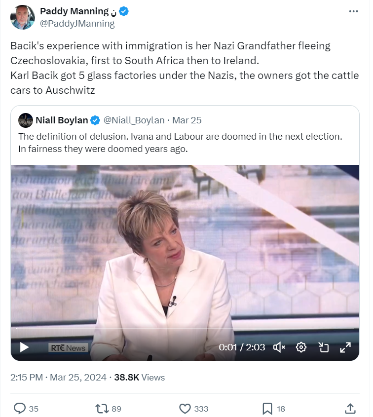 This has to be one of the most ignorant, insidious and offensive conspiracy theories I've ever seen on Irish Twitter. 

Absolute bully here alleging Ivana Bacik's grandfather was a Nazi collaborator and (separately) defaming Ivana herself. 

A thread on her grandfather. /1
