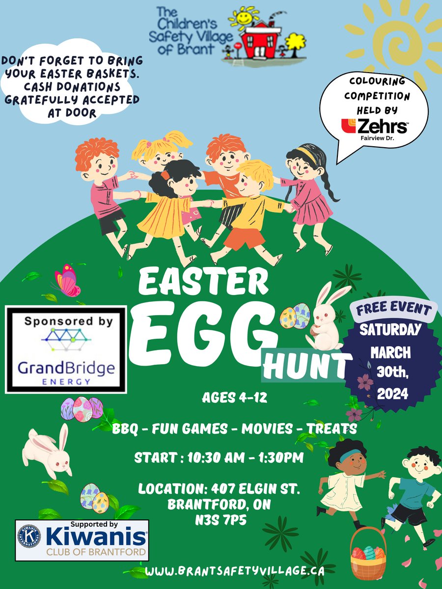 Join us tomorrow, Saturday, March 30th, 2024, from 10:30am to 1:30pm at the Children's Safety Village of Brant! There will be tons of family-friendly activities. Don't forget your Easter baskets! Hope to see you there 🐰