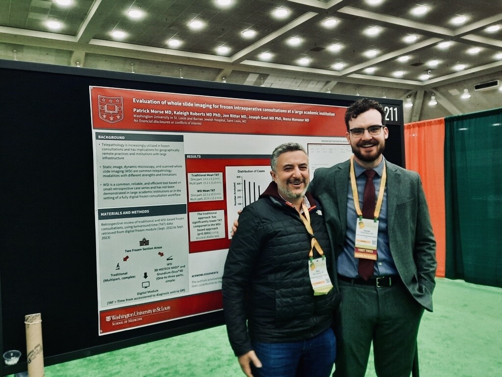 Another dispatch from #USCAP2024: Congratulations to Dr. Patrick Morse, Chief Resident, on presenting his poster, 'Evaluation of Whole Slide Imaging for Frozen Intraoperative Consultations at Large Academic Institution.' Dr. Morse is pictured with faculty mentor @menamansour.