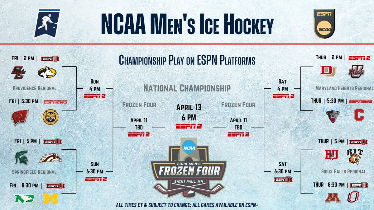 The puck drops on men's @NCAAIceHockey post-season play across ESPN platforms Schedule: bit.ly/4acNeGa | #MFrozenFour