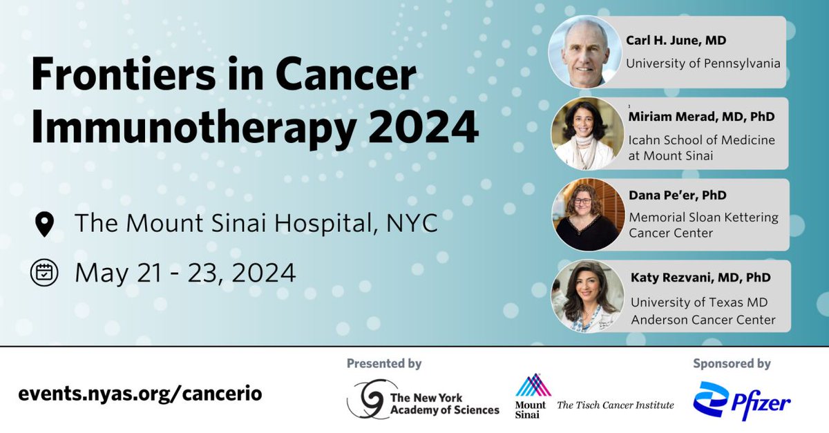 Secure your spot at Frontiers in Cancer Immunotherapy 2024 presented with @TischCancer, supported by @pfizer. Ft keynote speakers @carlhjune (@Penn), @MiriamMerad (@IcahnMountSinai), @dana_peer (@MSKCancerCenter) & @lab_rezvani (@MDAndersonNews). Register: bit.nyas.org/3smWAyr
