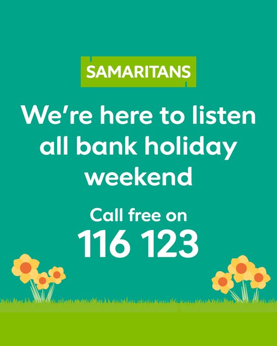 As we head into this long weekend, don’t forget that our volunteers are here round the clock if you need to talk. If life feels tough, you’re not alone 💚