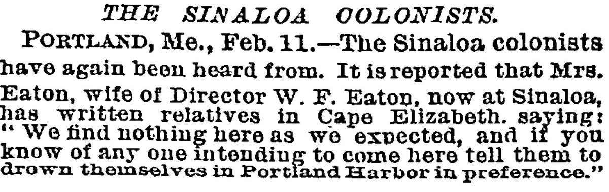 The uproar in #Mazatlan illustrates the complicated history b/w the US & Sinaloa. From an 1887 New York Times article: 'We find nothing here as we expected, and if you know of any one intending to come here tell them to drown themselves in Portland Harbor in preference.'