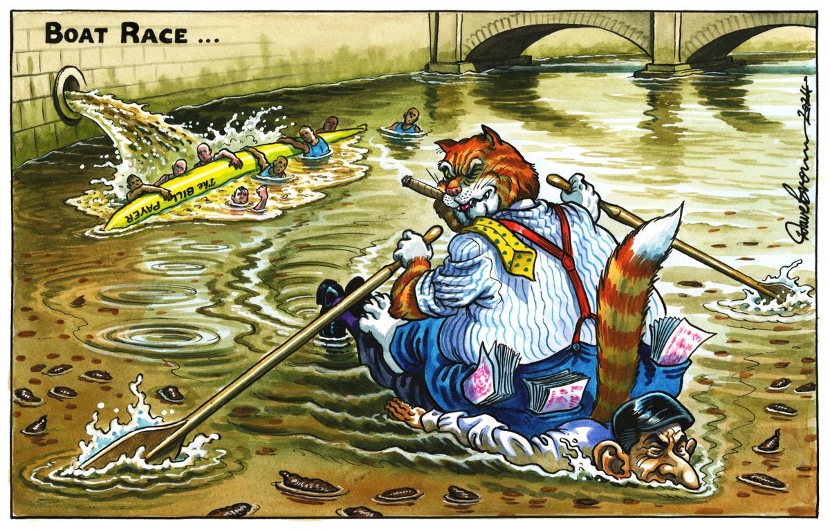 Dave Brown on  #Sunak #RishiSunak #WaterCompanys #ThamesWater #Sewage #SewageScandal #WaterBills #BoatRace #Sunackered #RishiSunk  – political cartoon gallery in London original-political-cartoon.com