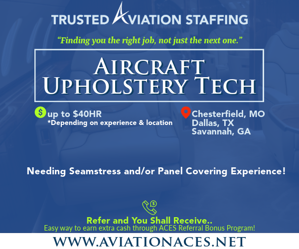 We are seeking Upholstery Techs with Seamstress and/or Panel Covering Experience for multiple locations. Give ACES a call today for more info! CONTACT US TODAY👇 aviationaces.net/job-openings Call: 817.402.0405 or Email: recruiting@aviationaces.net #aviationjobs #nowhiring