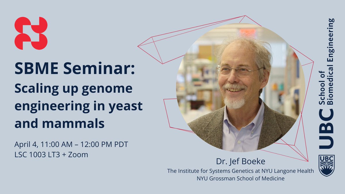 Unlock new insights into genomic engineering with Dr. Boeke from @nyugrossman. Explore rapid advances in DNA synthesis techniques and their impact on system design and analysis. Learn more about the seminar: bme.ubc.ca/event/sbme-res…