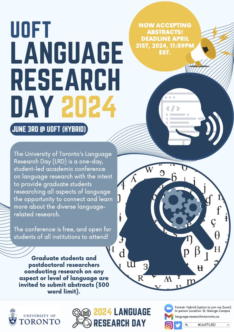 Emily Wood (@ekw_slp) on Twitter photo <a href="/UofT/">University of Toronto</a>'s #LanguageResearchDay 2024 is COMING UP!
If you conduct language-related research submit an abstract: lnkd.in/gXwvTUk8
If you just want to come see talks, register to attend: lnkd.in/gbWsxuCt
PS - It's FREE, there will be PRIZES and we will FEED you!🍕🏆🆓 <a href="/UofT/">University of Toronto</a>'s #LanguageResearchDay 2024 is COMING UP!
If you conduct language-related research submit an abstract: lnkd.in/gXwvTUk8
If you just want to come see talks, register to attend: lnkd.in/gbWsxuCt
PS - It's FREE, there will be PRIZES and we will FEED you!🍕🏆🆓