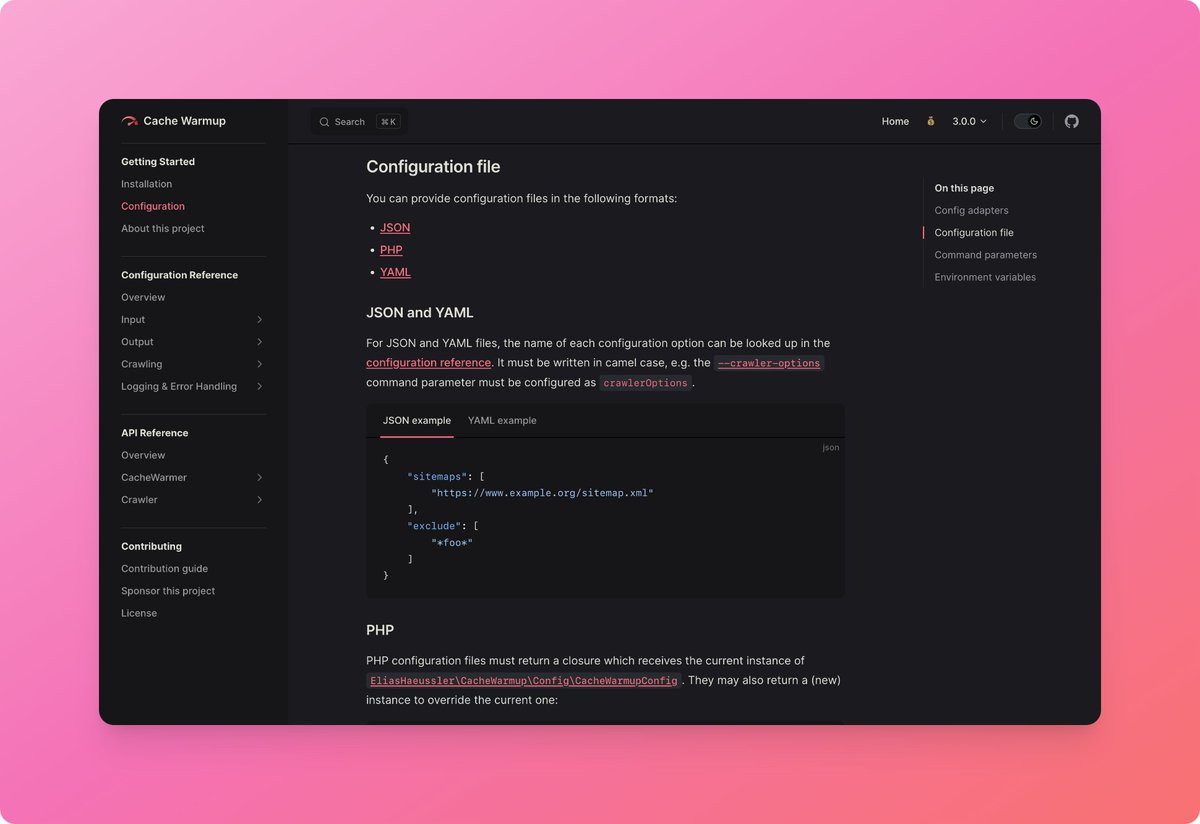 elias_haeussler's tweet image. It&apos;s almost easter and I was busy with #OpenSource work the last days. So, here&apos;s an early #easter present:

I just released `eliashaeussler/cache-warmup` v3 🥳

Key feature: Support for external #configuration files 📝

... and a shiny new #documentation: cache-warmup.haeussler.dev