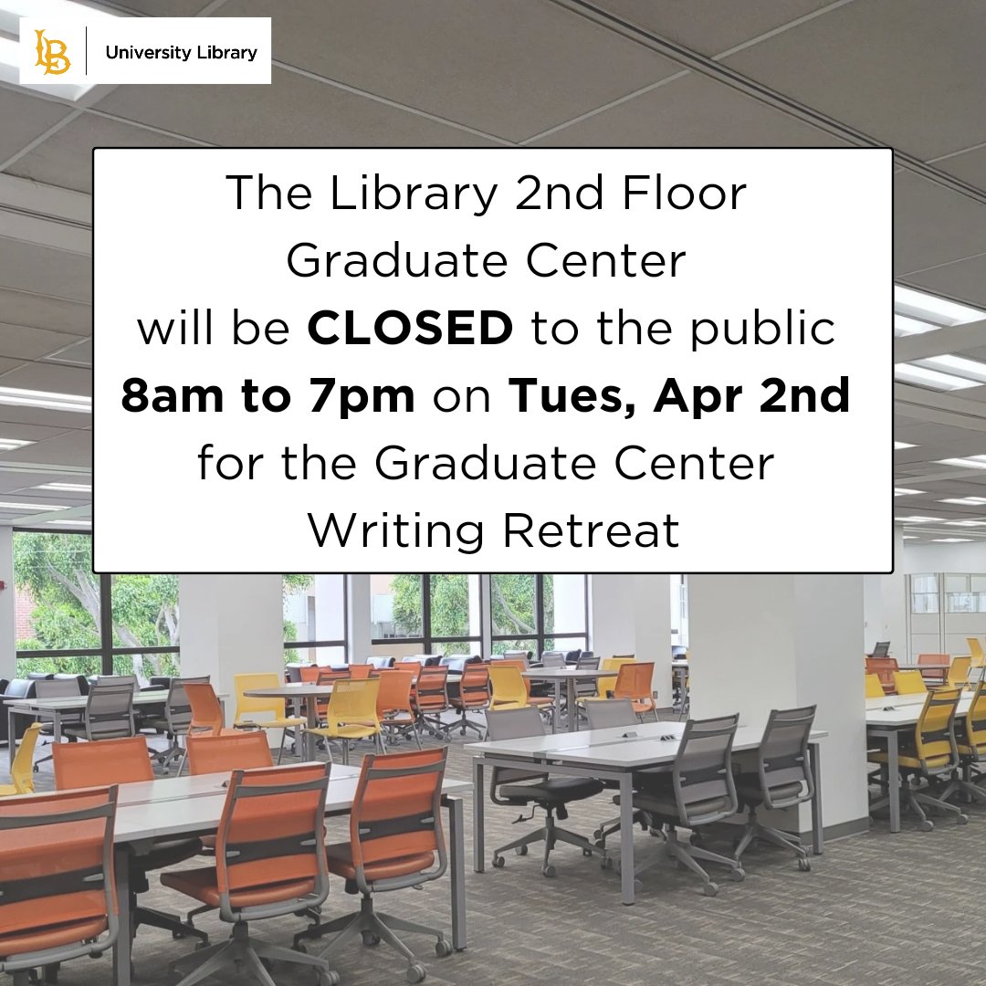 📢 Attention Library visitors: The Library 2nd Floor Graduate Center (Rm 214) will be closed to the public from 8am to 7pm on Tues, Apr 2nd for the Graduate Center Writing Retreat. The 2nd Floor book stacks, Children's Collection, and Family Friendly Study Area will remain open.