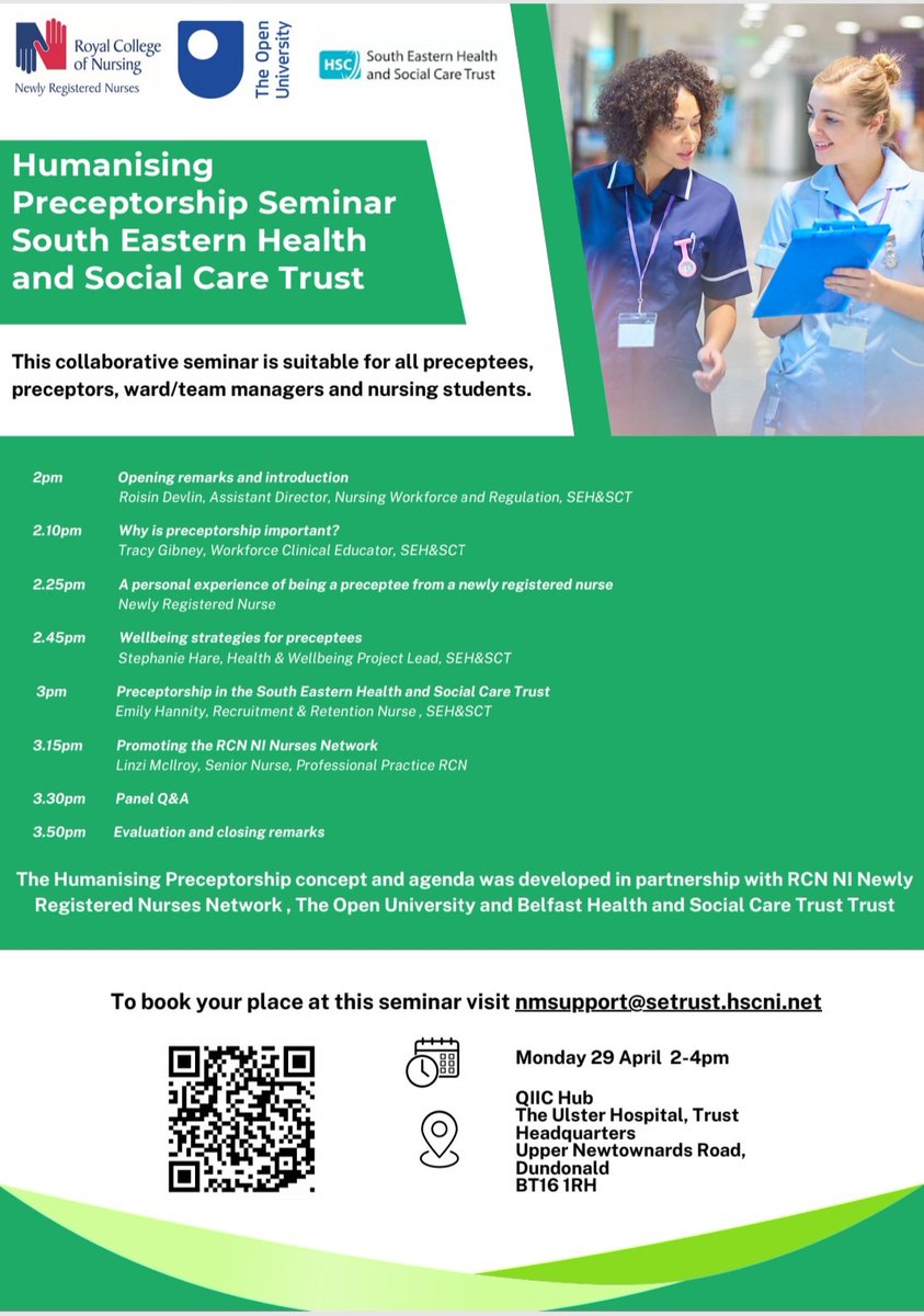 Save the date!!! Humanising Preceptorship ... This time with @setrust @rosydevlin @UnaLedger @OUBelfast @LinziMcilroy An event not to be missed so book your place now! Monday 29th April 2024 Ulster Hospital Dundonald @RCN_NI RCNNI Newly Registered Nurses Network