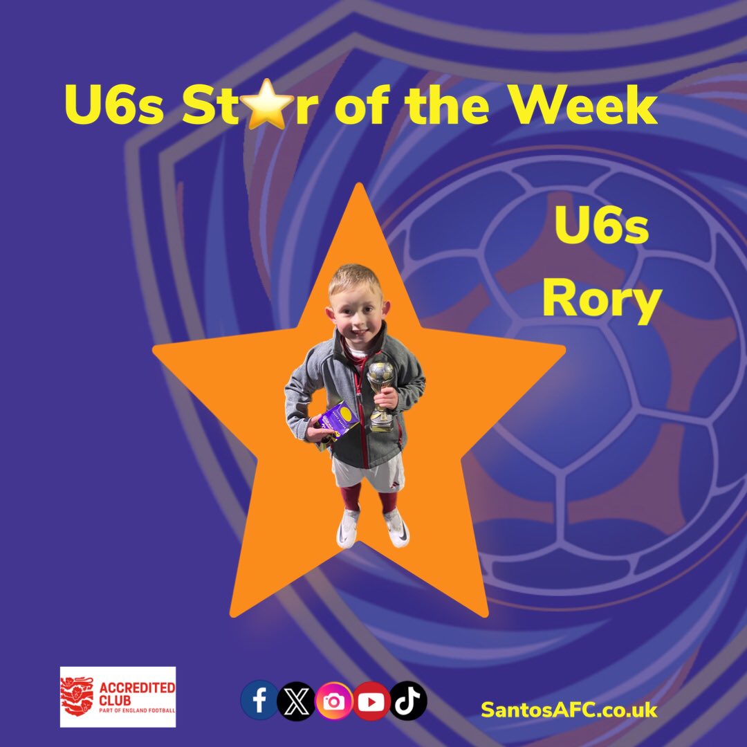 🏆 Star of the Week 🏆

#U6s - Rory
 
Keep up the good work 🏆

⚽️👧⚽️👦⚽️⭐️⚽️👧⚽️👦⚽️⭐️⚽️

#SantosU6s #SantosYouth #SantosAFC #u6s #football #localfootball #grassrootsfootball  #teamwork #fun #unique #nuturing #inspiringtheplayersoftomorrow #oldham #GreaterManchester
