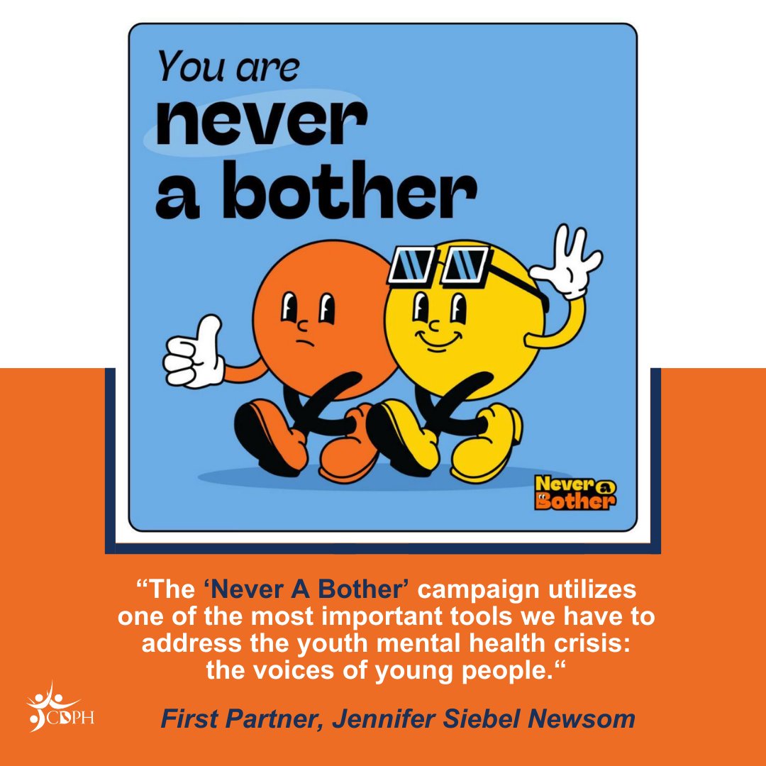 CDPH unveiled the @NeverABother campaign, dedicated to youth suicide prevention. Created with insights from CA’s diverse youth, this initiative offers support, resources, & awareness for youth, young adults, parents, & caregivers. 📲 To learn more cdph.ca.gov/Programs/OPA/P….  1/4