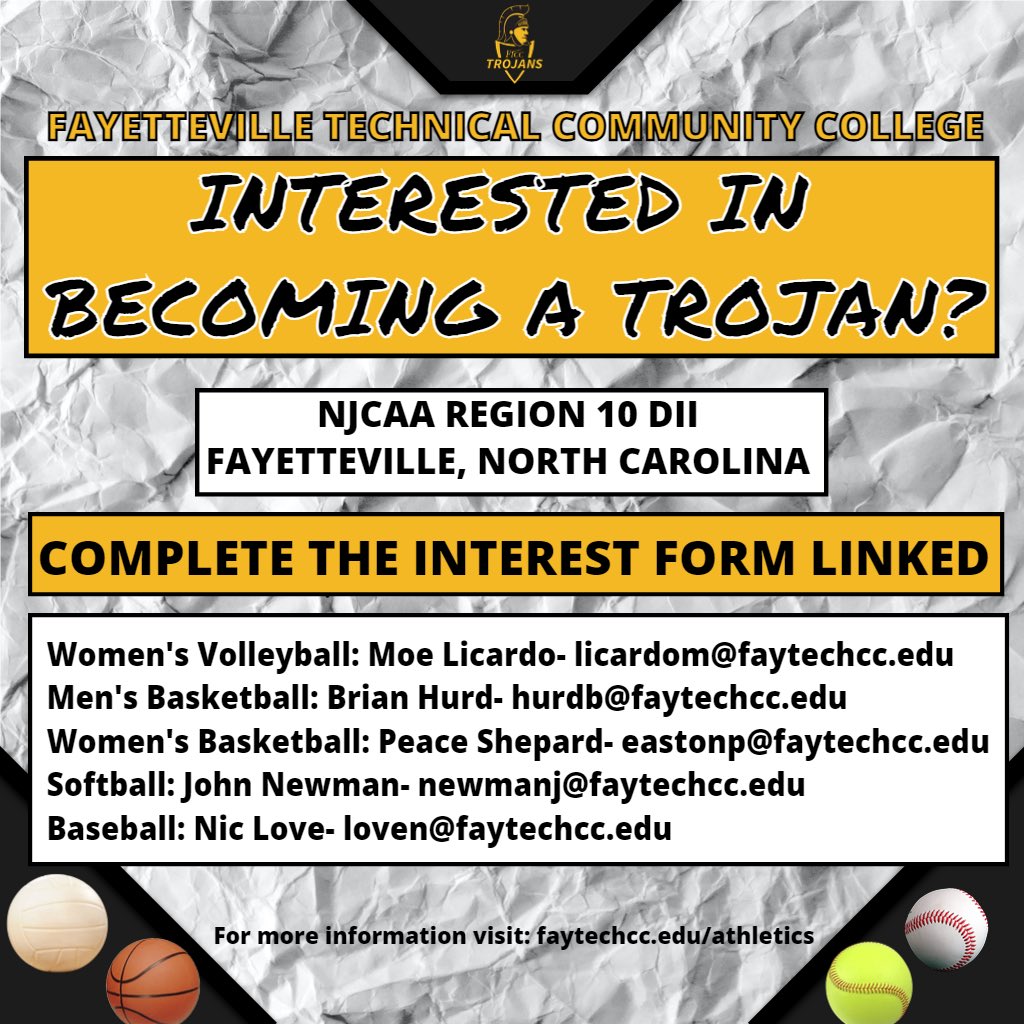 Interested in becoming a Trojan??🏐🏀🥎⚾️

Fill out our interest form: faytechcc.edu/athletics/athl…

Or contact the coach directly!