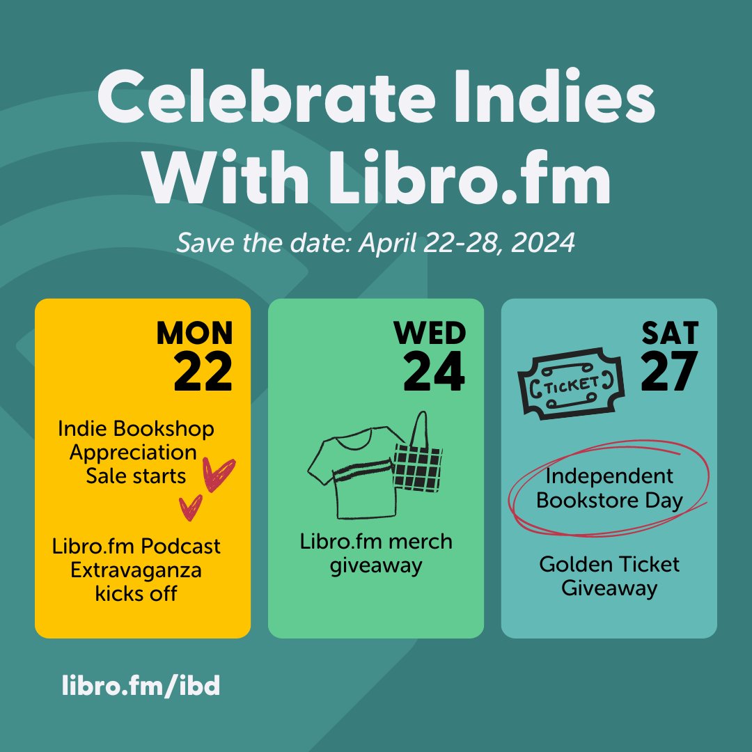 April 27 is #IndieBookstoreDay in the U.S. and Canadian Indie Bookstore Day, and we're celebrating indies around the globe with a huge audiobook sale, a giveaway, new podcast episodes, & the return of the Golden Ticket Giveaway! Learn more: libro.fm/ibd