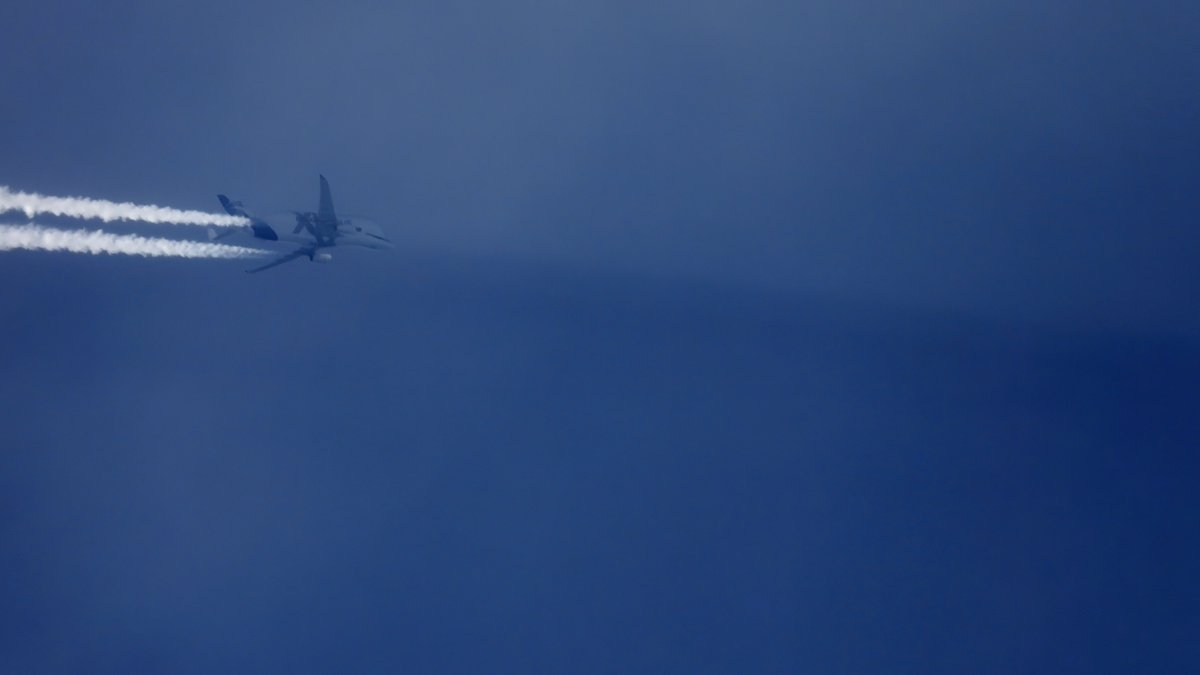 Airbus Beluga XL F-GXLI's contrails casting a shadow on a lower cloud layer. #NLspot