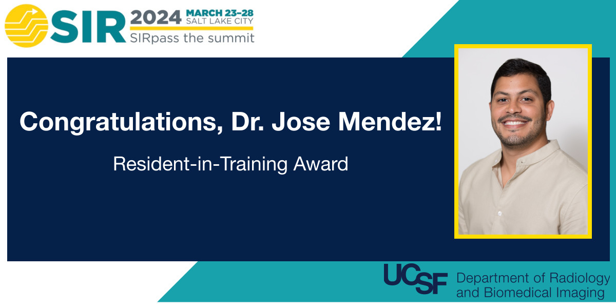 Congratulations to @UCSFimaging & @UCSF_IR's Jose Mendez (@josdmendez) for receiving the Resident-in-Training Award at #SIR24SLC! 👏